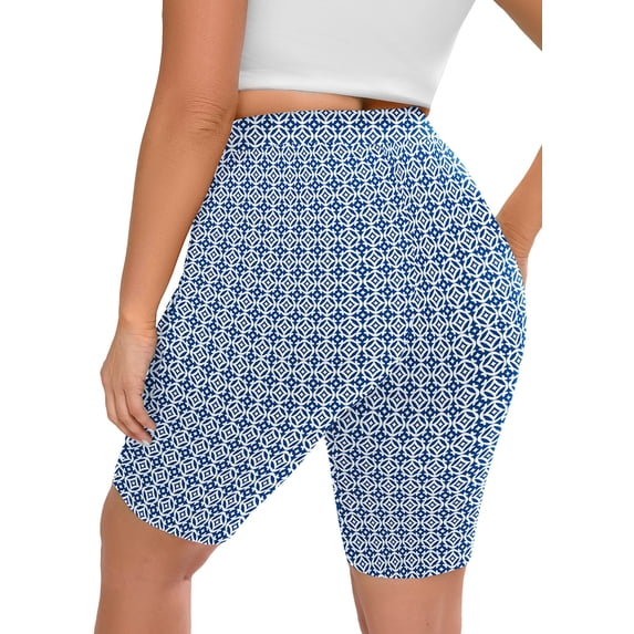 SHOWMALL Womens Plus High Waist Yoga Shorts for Bike Compression 8" Tummy Control Soft Athletic Yoga Workout Running Gym Shorts Geometric Blue 4X