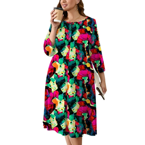 SHOWMALL Womens Plus Shirt Dresses Multicolored 2X Casual Dress 3/4 Sleeves Midi Dress Boat Neck Flowy Dress with Pockets