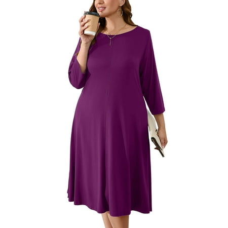 SHOWMALL Womens Plus Shirt Dresses Purple 1X Casual Dress 3/4 Sleeves Midi Dress Boat Neck Flowy Dress with Pockets
