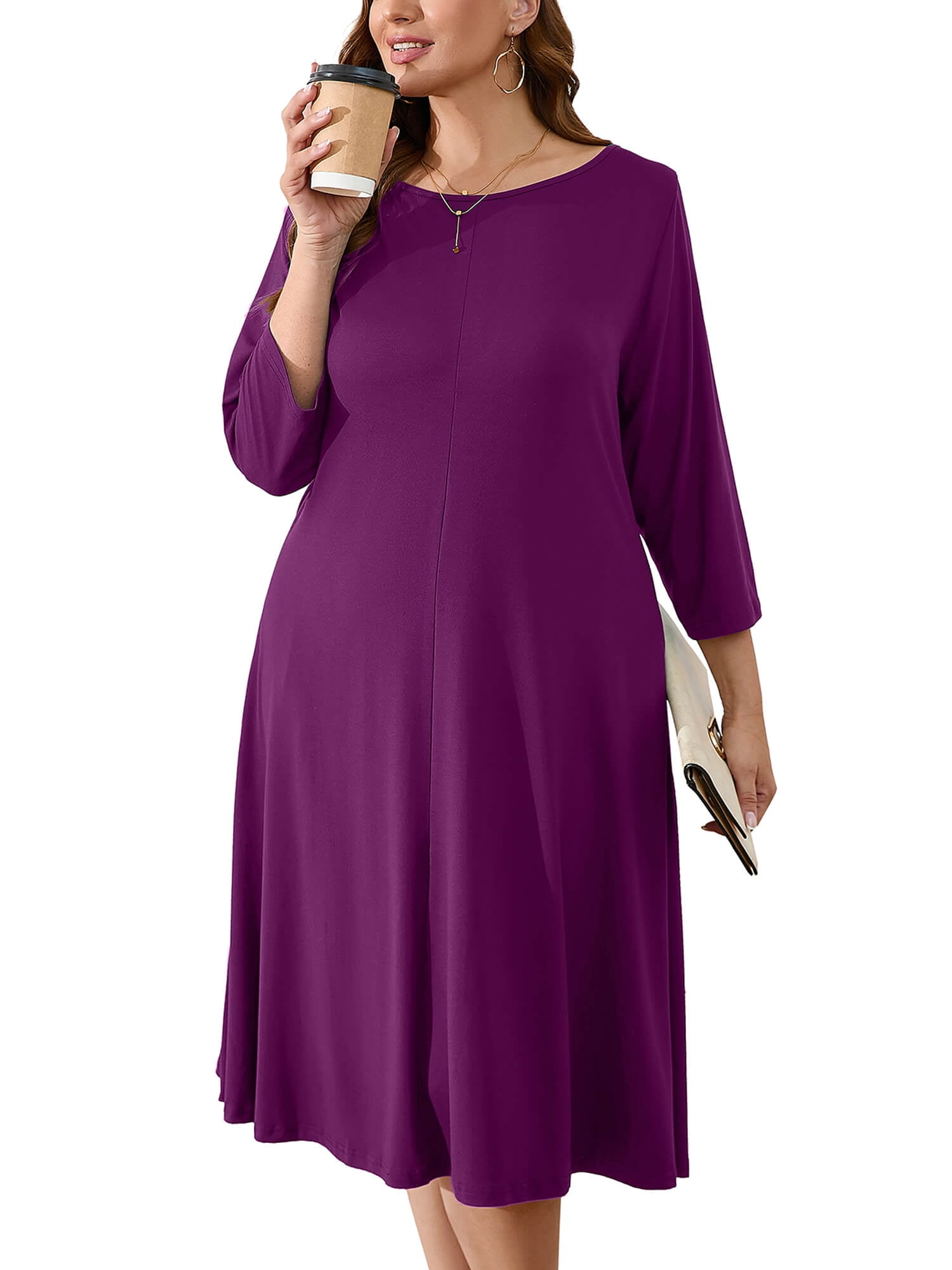 SHOWMALL Womens Plus Shirt Dresses Purple 3X Casual Dress 3/4 Sleeves ...