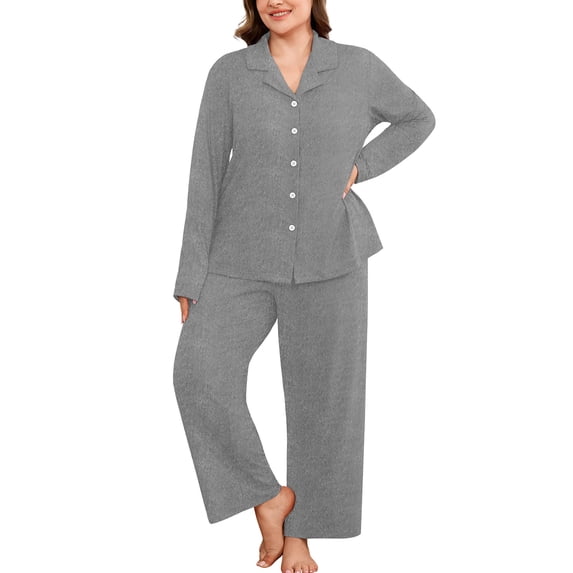 SHOWMALL Women's Plus Size Pajama Sets Long Sleeve Button Down Sleepwear 2-Piece Loungewear with Pockets