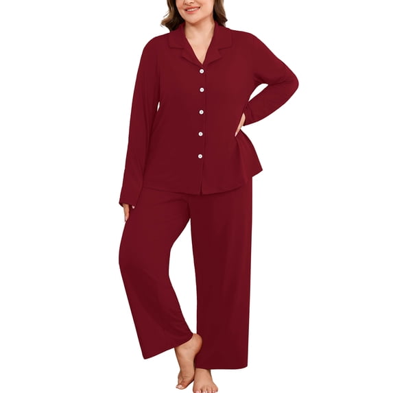 SHOWMALL Women's Plus Size Pajama Sets Long Sleeve Button Down Sleepwear 2-Piece Loungewear with Pockets