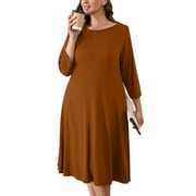 SHOWMALL Womens Plus Size Casual Dresses Pumpkin 1X Shift Dresses 3/4 Sleeves Casual Dress Boat Neck Flowy Dress with Pockets
