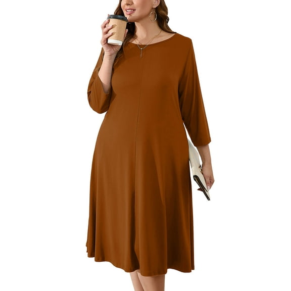 SHOWMALL Womens Plus Size Casual Dresses Pumpkin 1X Shift Dresses 3/4 Sleeves Casual Dress Boat Neck Flowy Dress with Pockets