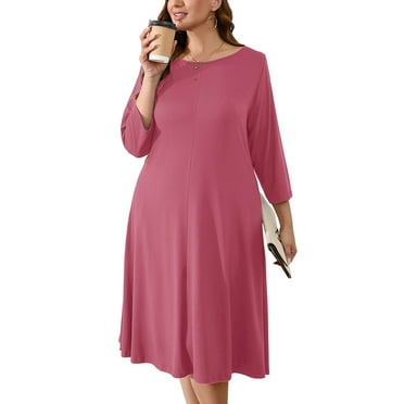 SHOWMALL Womens Plus Size Casual Dresses Purple Red 3X Shift Dresses 3/4 Sleeves Casual Dress Boat Neck Flowy Dress with Pockets