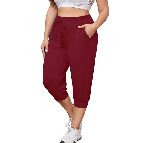 SHOWMALL Womens Plus Size Joggers Pants Casual Active Capri Sweatpants with Drawstring Pockets Burgundy 3X