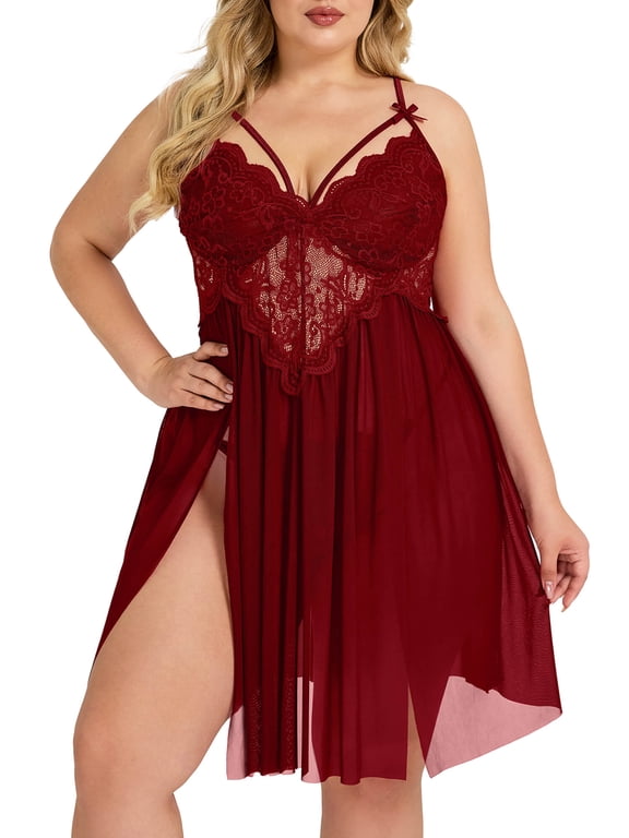 Womens Plus Size Lingerie Lace Sexy Strap Chemise Sleepwear V-Neck Nightdress
