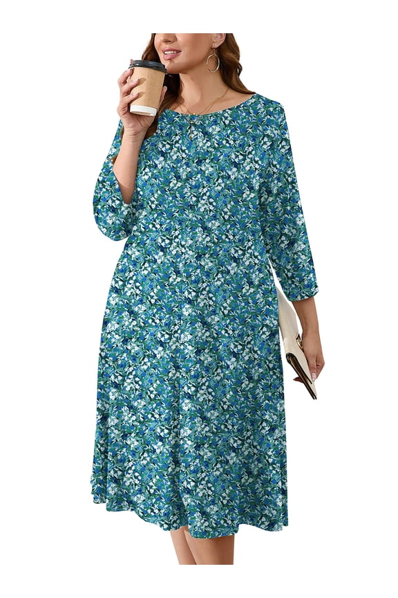 Womens Plus Size Midi Dresses Monet Garden 1X Shirt Dresses 3/4 Sleeves Casual Dress Boat Neck Flowy Dress with Pockets