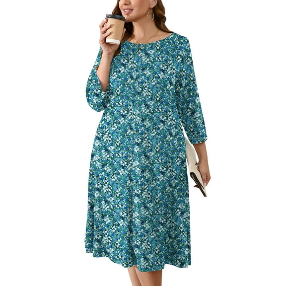 SHOWMALL Womens Plus Size Midi Dresses Monet Garden 4X Shirt Dresses 3/4 Sleeves Casual Dress Boat Neck Flowy Dress with Pockets