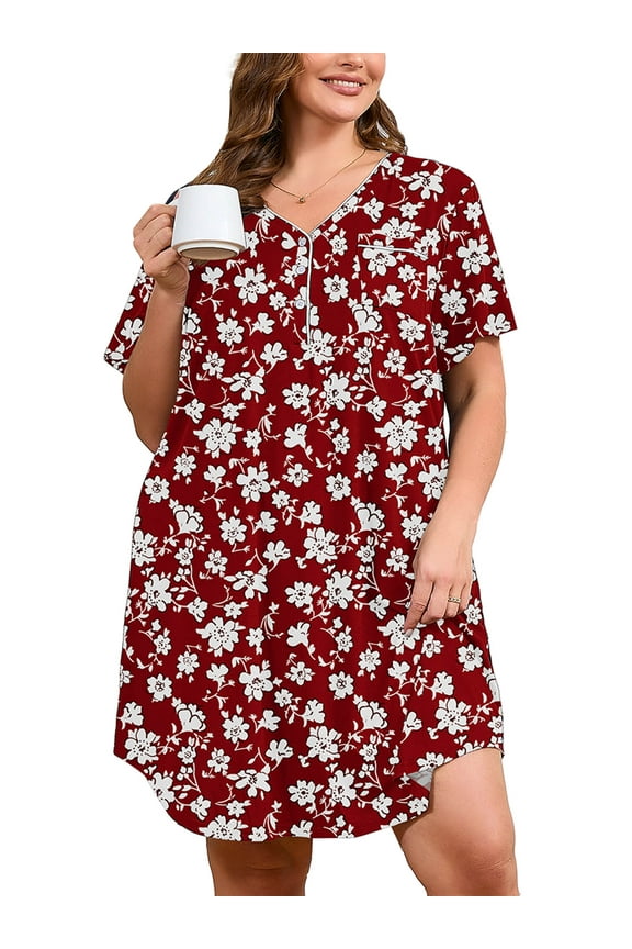 Women's V Neck Sleep Shirt Dress – Short Sleeve Lightweight Nightgown with Pocket, Soft Pajama Sleepwear for Lounge & Nightwear, US Size 2X in Red Vintage Floral