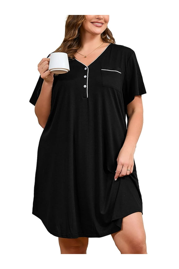 Women's V Neck Sleep Shirt Dress – Short Sleeve Lightweight Nightgown with Pocket, Soft Pajama Sleepwear for Lounge & Nightwear, US Size 3X in Black