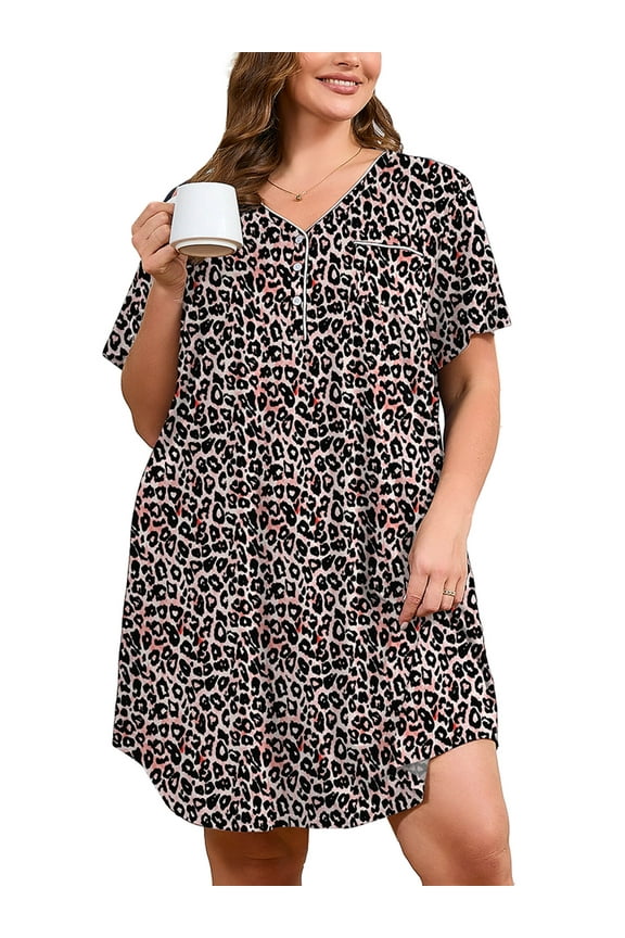 Women's V Neck Sleep Shirt Dress – Short Sleeve Lightweight Nightgown with Pocket, Soft Pajama Sleepwear for Lounge & Nightwear, US Size 3X in Fancy Peachy Leopard