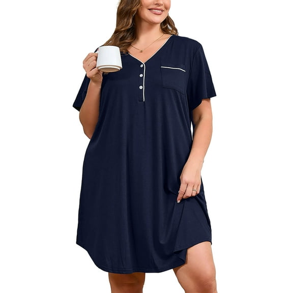 SHOWMALL Women's V Neck Sleep Shirt Dress – Short Sleeve Lightweight Nightgown with Pocket, Soft Pajama Sleepwear for Lounge & Nightwear, US Size 3X in Navy Blue