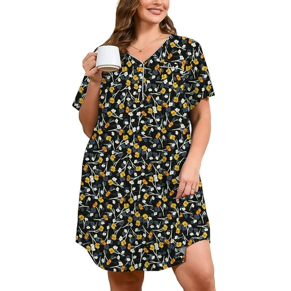 SHOWMALL Women's V Neck Sleep Shirt Dress – Short Sleeve Lightweight Nightgown with Pocket, Soft Pajama Sleepwear for Lounge & Nightwear, US Size 3X in Vivid Black Yellow Floral