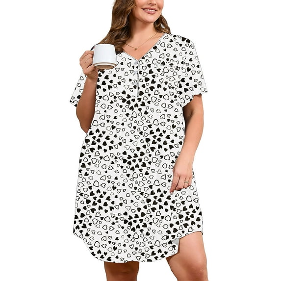 SHOWMALL Women's V Neck Sleep Shirt Dress – Short Sleeve Lightweight Nightgown with Pocket, Soft Pajama Sleepwear for Lounge & Nightwear, US Size 3X in White Lovely Hearts