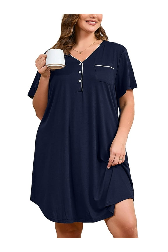 Women's V Neck Sleep Shirt Dress – Short Sleeve Lightweight Nightgown with Pocket, Soft Pajama Sleepwear for Lounge & Nightwear, US Size 5X in Navy Blue