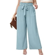 SHOWMALL Womens Plus Size Pants High Waisted Palazzo Pants Blue Gray 3X Adjustable Belted Wide Leg Pants Long Trousers with Pockets