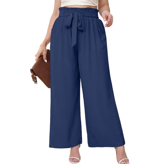 SHOWMALL Womens Plus Size Pants High Waisted Palazzo Pants Navy Blue 1X Adjustable Belted Wide Leg Pants Long Trousers with Pockets