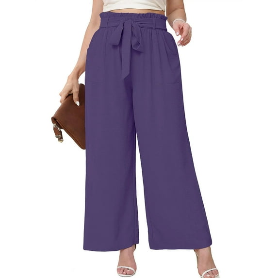 SHOWMALL Womens Plus Size Pants High Waisted Palazzo Pants Purple 3X Adjustable Belted Wide Leg Pants Long Trousers with Pockets
