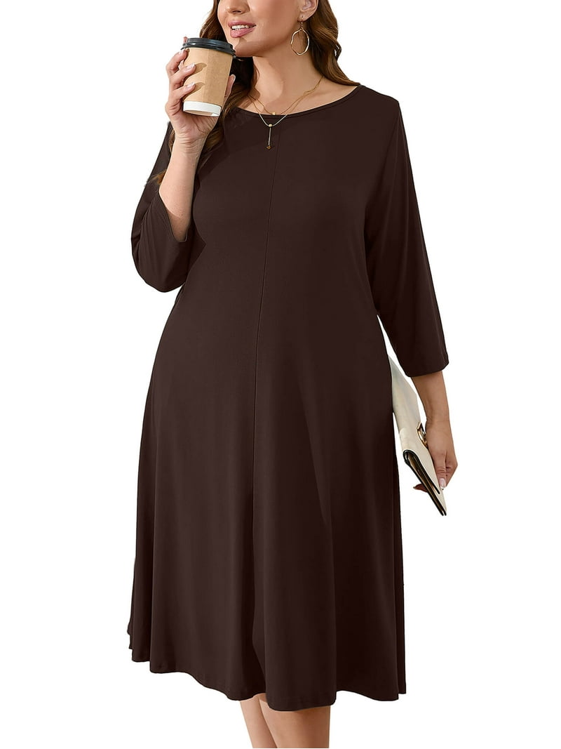 SHOWMALL Womens Plus Wear-to-Work Dresses Dark Brown 2X Casual