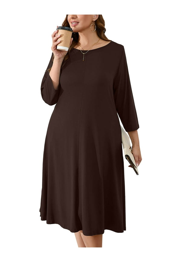 Womens Plus Wear-to-Work Dresses Dark Brown 3X Casual Dress 3/4 Sleeves Midi Dress Boat Neck Flowy Dress with Pockets
