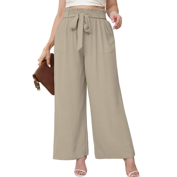 SHOWMALL Womens Plus Wide Leg Pants High Waisted Palazzo Pants Wheat 4X Belted Lightweight Work Pants Lose Trousers with Pockets