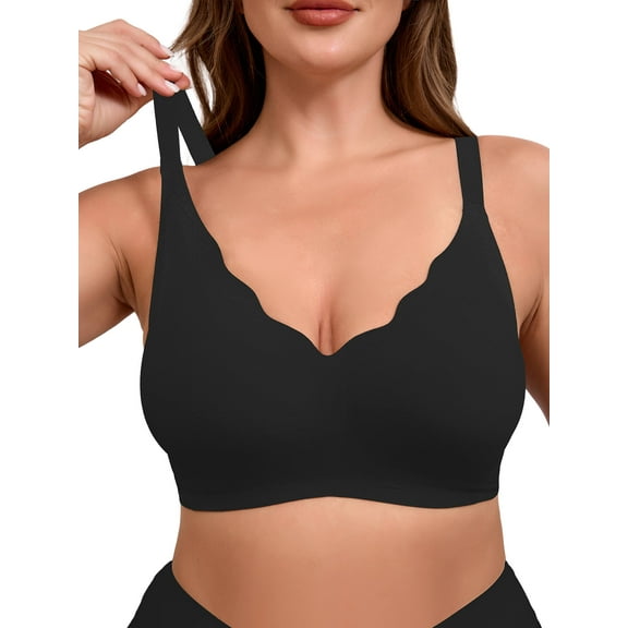 SHOWMALL Women's Plus Size Wireless Bra with Scalloped Neckline, Seamless Lift Supportive bra Skin S , Adjustable Straps, Comfortable Fit
