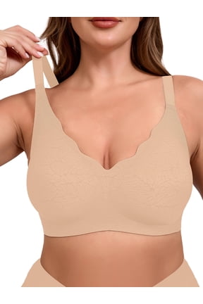 Women's Plus Size Wireless Bra with Scalloped Neckline, Seamless Lift Supportive bra Skin S , Adjustable Straps, Comfortable Fit