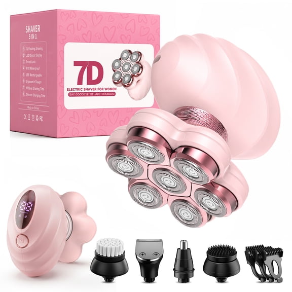 SHPAVVER 5-in-1 Electric Razors for Women, 7D Magnetic Heads Full Body Shaver, Waterproof Wet/Dry Electric Shaver with LED Display, Rechargeable Bikini Trimmer for Underarms, Face, Legs (Pink)