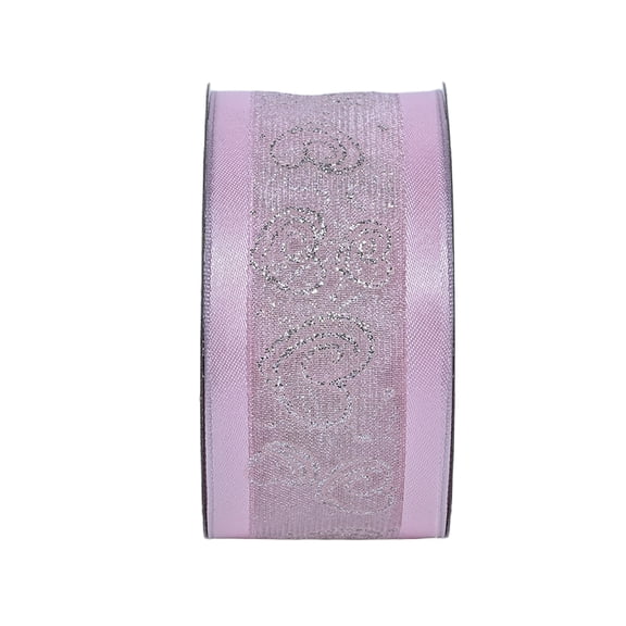 Gwen Studios 1.5" Sheer Pink with Gold Hearts Wire Ribbon, 3 yards