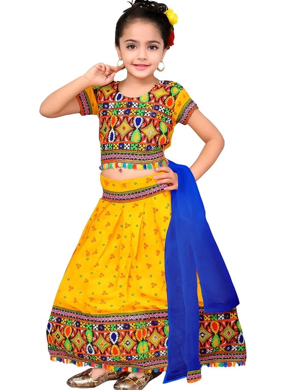Traditional Gujarati Embroidered Lehenga Choli Set for Girls – Ethnic Wear with Dupatta (Yellow)