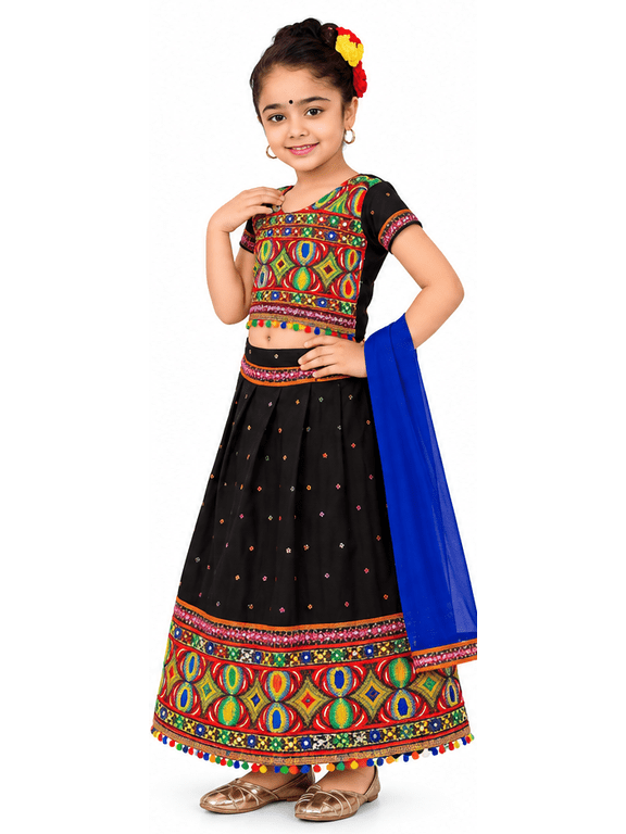 Traditional Gujarati Embroidered Lehenga Choli Set for Girls – Ethnic Wear with Dupatta (Yellow, 6-7 Years)