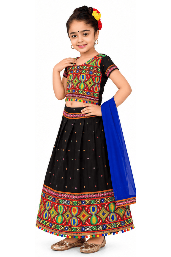 Traditional Gujarati Embroidered Lehenga Choli Set for Girls – Ethnic Wear with Dupatta (Yellow, 6-7 Years)