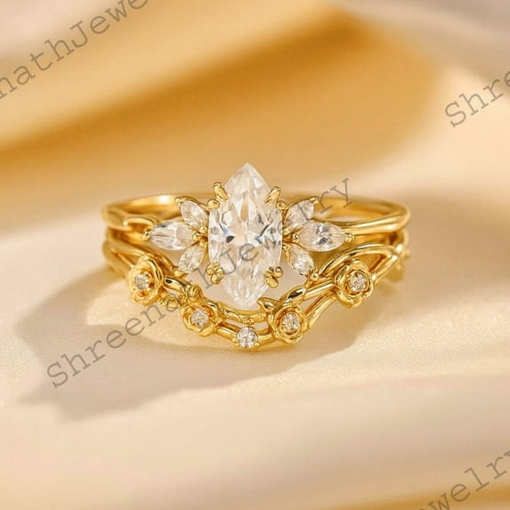SHREENATHJEWELRY 1 CT Marquise Cut Moissanite Engagement Ring Set Floral Vine Pave Wedding Band Stack 14K Rose Gold Nature‑Inspired Bridal Set Wedding Ring Set