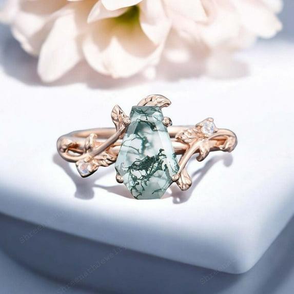 SHREENATHJEWELRY 11x7MM / 1.5CT Vintage Moss Agate Engagement Ring CZ Diamond Proposal Wedding Ring Art Deco Handmade Jewelry Gift For Her