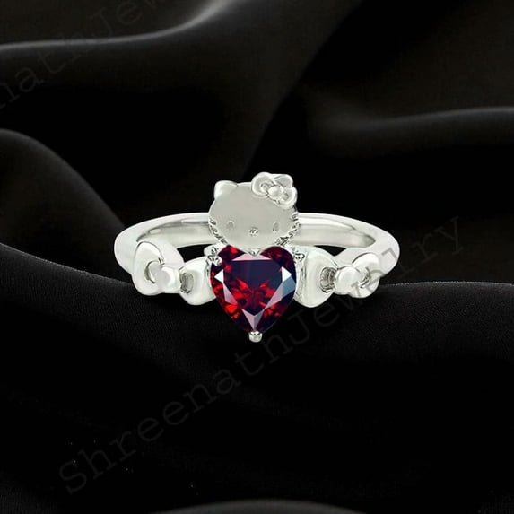 SHREENATHJEWELRY 1CT Heart Garnet Kitty Inspired Ring Animal Lover Jewelry 925 Silver Kitty Ring Japanese Cartoon Novelty Ring Cat Lover Gift Statement Jewelry