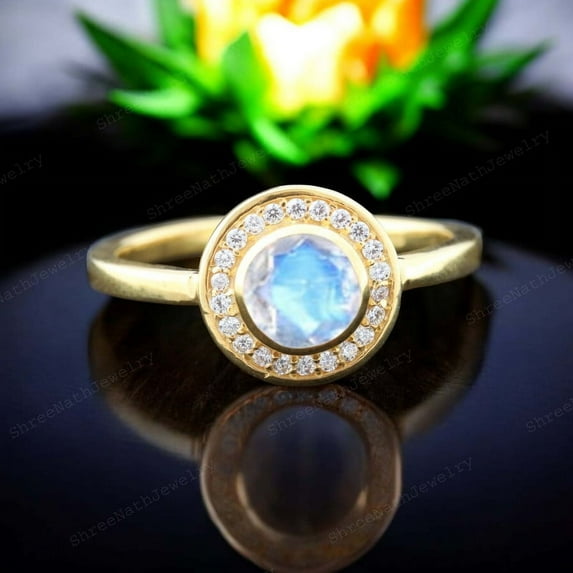 SHREENATHJEWELRY 5MM / 1.5 Ct Vintage Moonstone Ring- Moissanite Halo Proposal Ring Alternative Fine Women Jewelry Birthday Gift For Wife