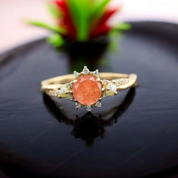 SHREENATHJEWELRY 6MM / 2Ct Natural Sunstone Engagement Ring- Freshwater Pearl Proposal Ring Orange Gemstone Wedding Jewelry Bridal Wedding Girt Ring