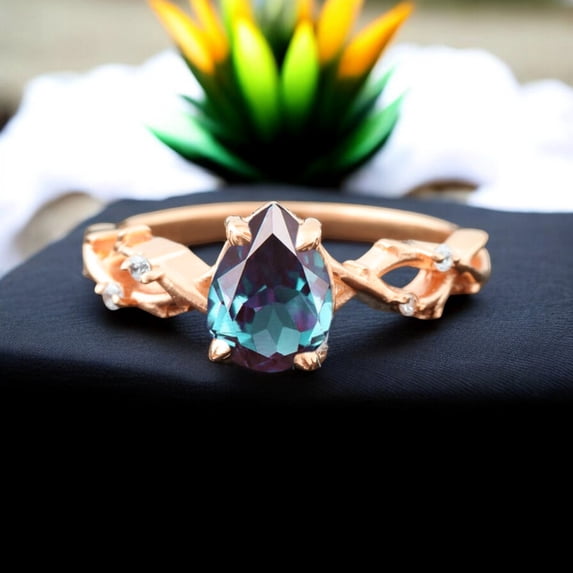 SHREENATHJEWELRY 7x5MM / 2Ct Alexandrite Engagement Ring- CZ Diamond Twig Proposal Ring Alternatine Fine Women Statement Jewelry Birthaday Gift For Wife Color Change Stone Ring