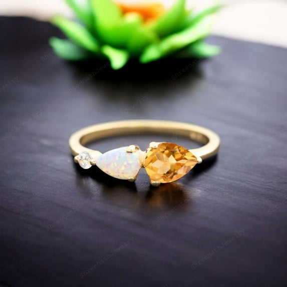 SHREENATHJEWELRY 7x5MM / 2Ct Vintage Citrine Ring-Opal Engagement Ring CZ Diamond Proposal Ring 3 Gemstone Unique Jewelry Christmas Gift For Mother