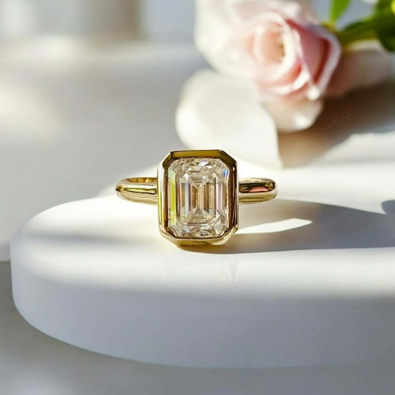 SHREENATHJEWELRY 8x6MM / 2CT Emerald Cut Moissanite Ring Simulated Diamond Bezel Ring Engagement Ring Sterling Silver Wedding Jewelry Christmas Gift For Her