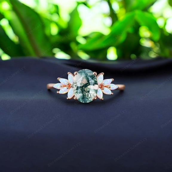SHREENATHJEWELRY 8x6MM / 2CT Moss Agtae Engagement Ring Opal Cluster Wedding Jewelry Nature Inspired Proposal Ring Happy Holiday Gift For Lover