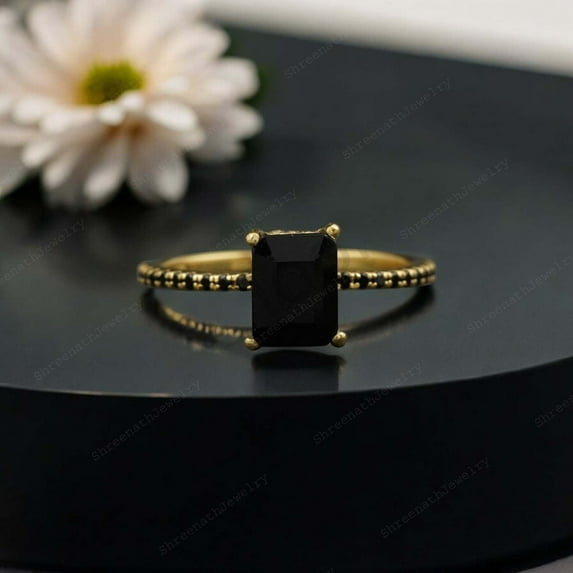 SHREENATHJEWELRY 8x6MM / 2Ct Emerald Cut Onyx Wedding Ring Onyx Proposal Ring Natural Gemstone Statement Jewelry Rose Gold Engagement Gift Ring