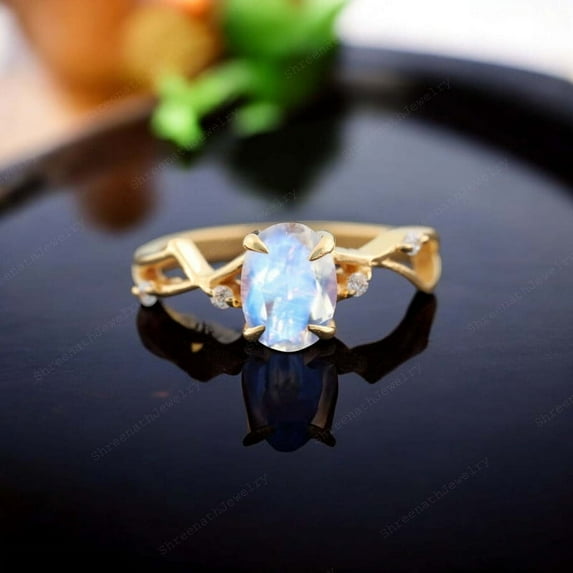 SHREENATHJEWELRY 8x6MM / 2Ct Vintage Moonstone Ring- CZ Diamond Nature Inspired Wedding Ring Proposal Engagement Gift Ring