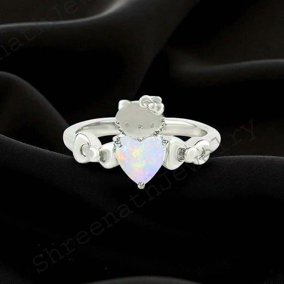 SHREENATHJEWELRY Kitty Inspired Ring Hello Cute Kitty Opal Ring Japanese Cartoon Novelty Ring 925 Silver Kitty Ring Animal Lover Jewelry Cat Lover Gift