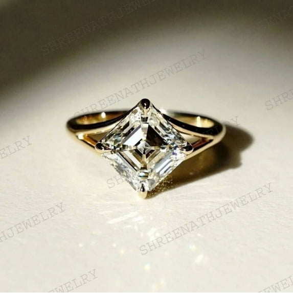 SHREENATHJEWELRY Princess Cut Moissanite Promise Ring Yellow Gold Plated Engagement Ring Art Deco Handmade Solitaire Jewelry Personalized Gift For Her