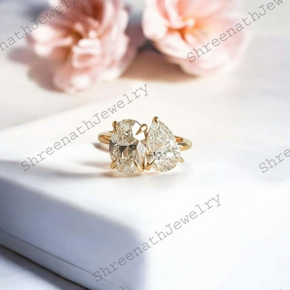 SHREENATHJEWELRY Vintage Toi Et Moi Engagement Ring, Diamond Moissanite Sterling Silver Promise Ring, Two Gemstone Ring