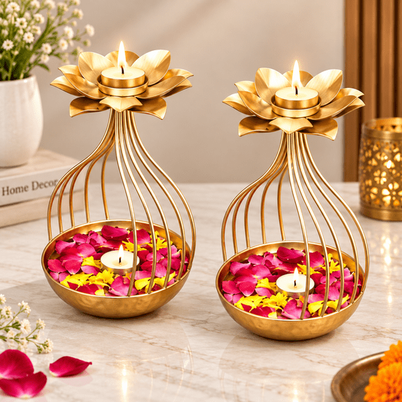 SHRI SHYAM STORE Set of 2 Golden Lotus Diya Candle Holders with Decorative Flower Bowls for Diwali, Pooja & Home Decor