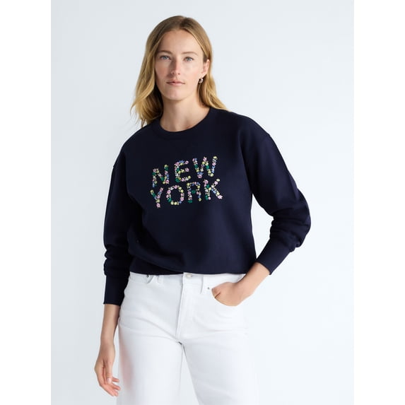 Free Assembly Women's and Women's Plus New York Embroidered Shrunken Sweatshirt, Sizes XS-4X