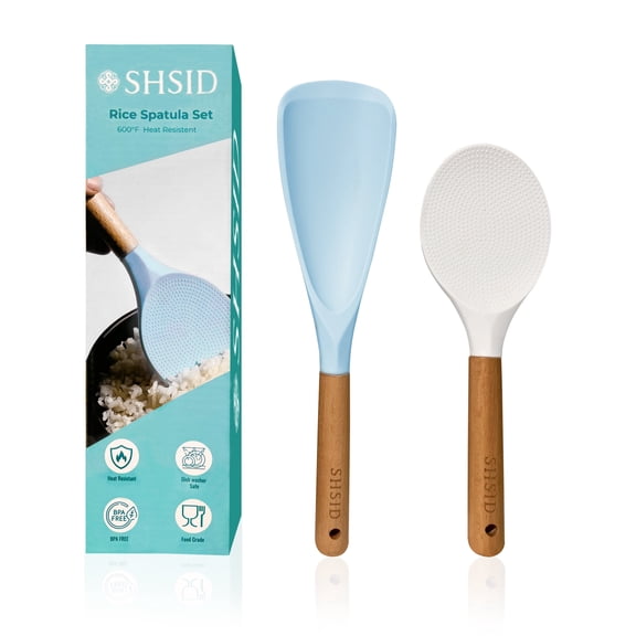 SHSID Rice Spoon Silicone Spatula Wooden Handle Heat Resistant Nonstick, White and Aqua Blue